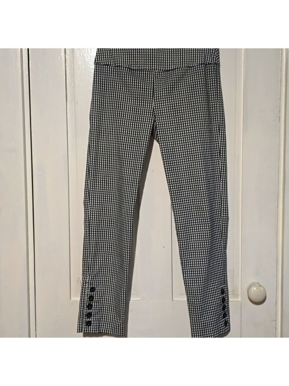 Vintage Button Ankle Pull On Wide Waistband Black Gingham Check Pants Size 6